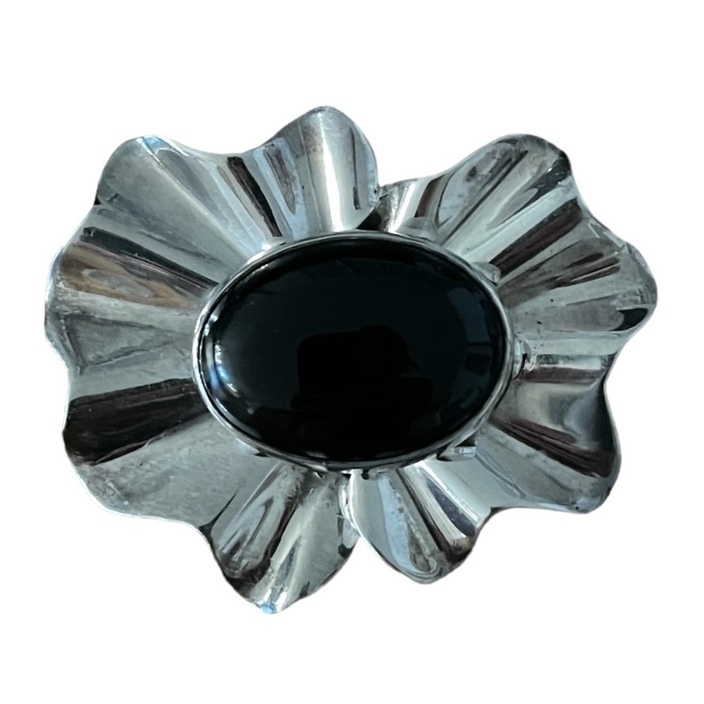 Vintage Silver 925 Mexico Brooch with Oval Black Stone